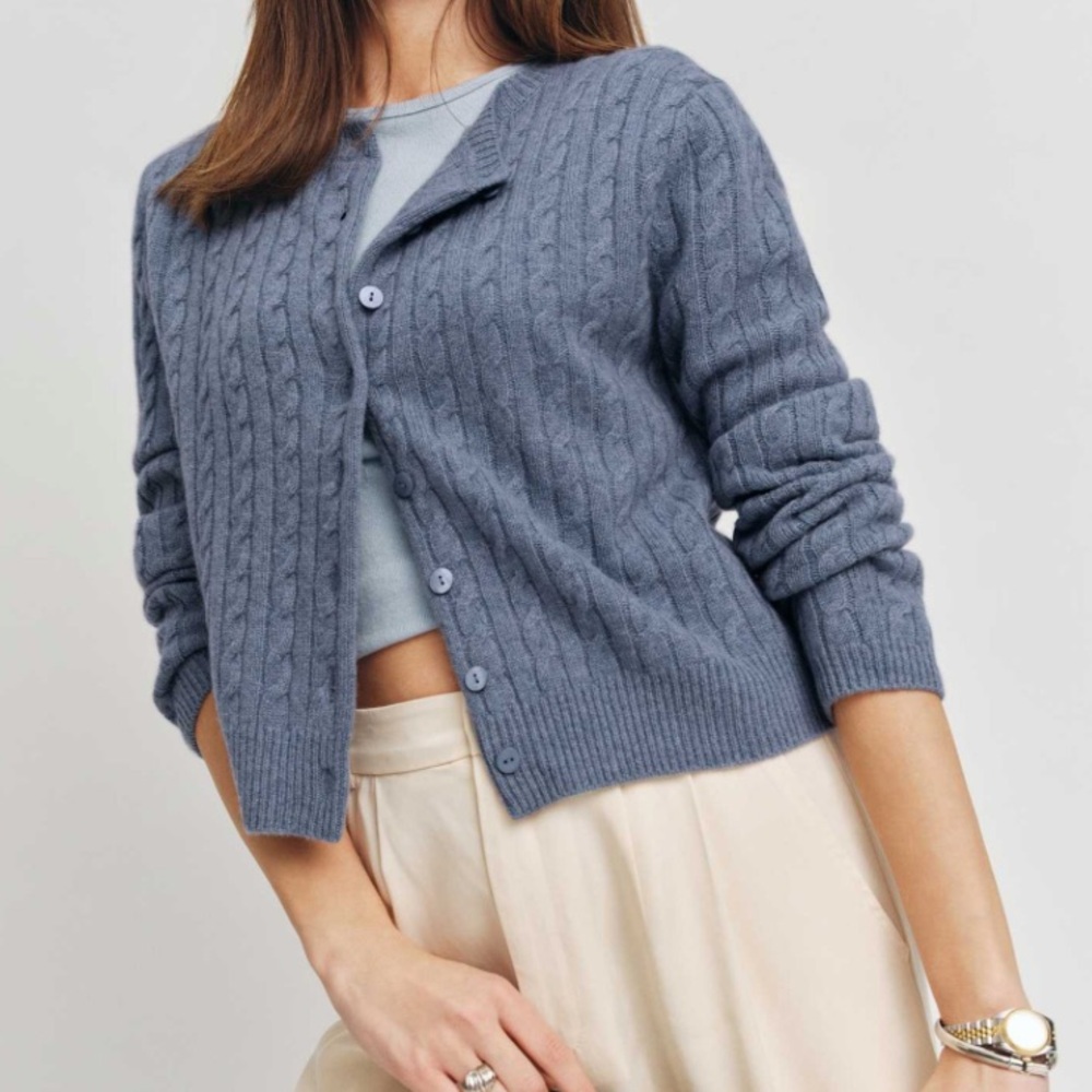 NWT Reformation Clara Cardigan Blue Cable Knit 100% Cashmere XS - Picture 2 of 6
